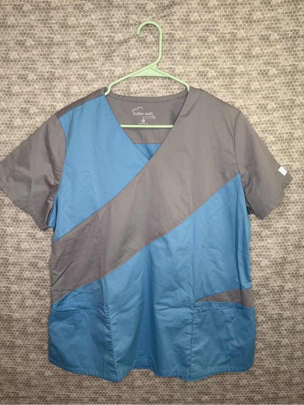 Butter-Soft Two-Tone Blue and Gray V-Neck Scrub Top